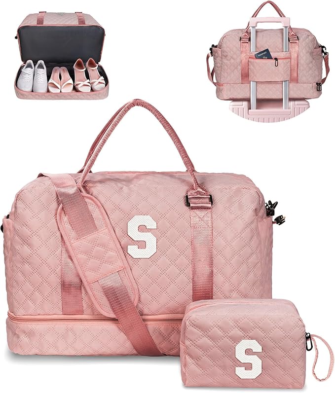 Initial Duffle Bag - Personalized Weekender Monogram Letter Travel Overnight Bag with Makeup & Shoe Compartments, Granddaughter & Friend Gifts'