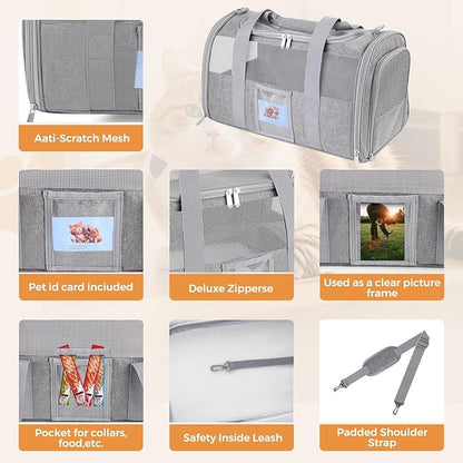 Cat Carrier Soft for Pets Up to 25 Lbs, Cat Travel Bag with Padded Shoulder Strap and Detachable Cat Food Bowl, Pet Dog Carriers for Small Dogs Travel Puppy Carry Airline Approved, Grey