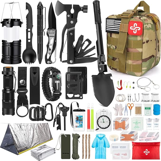 Survival Kit, 250Pcs Survival Gear First Aid Kit with Molle System Compatible Bag and Emergency Tent, Emergency Kit for Earthquake, Outdoor Adventure, Hiking, Hunting, Gifts for Men Women