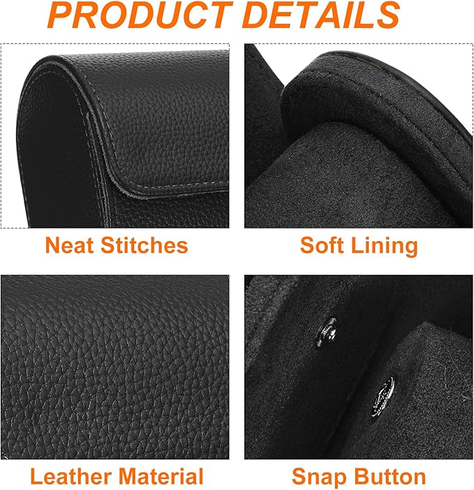 HARFINGTON Watch Roll Travel Case 3 Slot Portable Leather Watch Case for Men and Women, Watches Storage Organizer with Removable Pillow for Traveling, Display, Textured Black