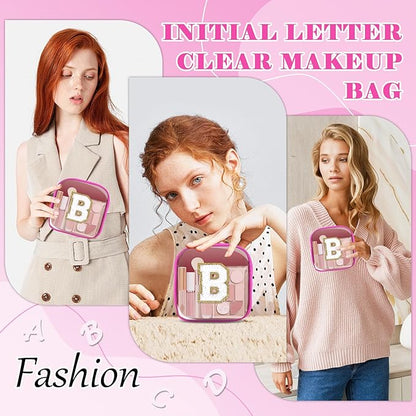 Personalized Initial Letter Clear Preppy Makeup Bag,Mini Nylon Chenille Letter Cosmetic Bag Cute Zipper Pouch Coin Purse for Teen Girls,Portable TSA Approved Travel Essentials Bag Gift for Women,B
