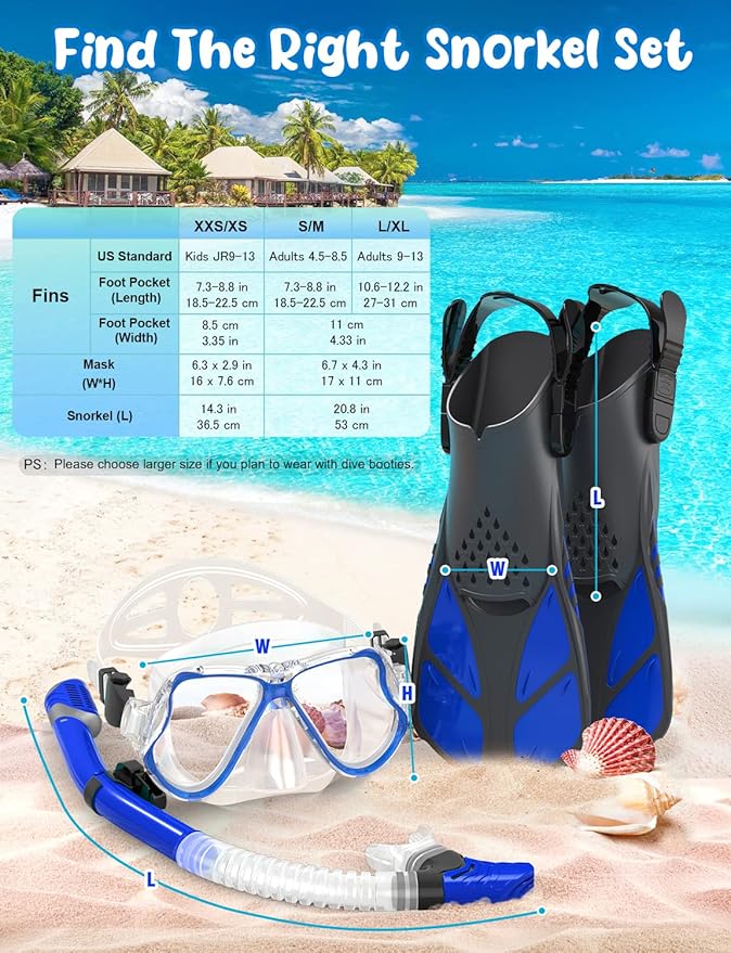 Zenoplige Mask Fins Snorkel Set, Snorkeling Gear for Adults, Panoramic View Snorkel Mask Anti-Fog, Adjustable Dive Flippers, Dry Top Snorkel and Travel Bag, Scuba Gear for Swimming Snorkeling Diving