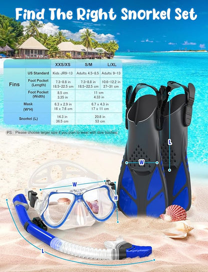 Zenoplige Mask Fins Snorkel Set, Snorkeling Gear for Adults, Panoramic View Snorkel Mask Anti-Fog, Adjustable Dive Flippers, Dry Top Snorkel and Travel Bag, Scuba Gear for Swimming Snorkeling Diving