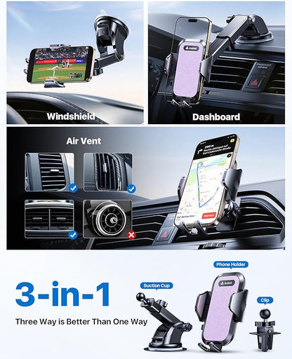 andobil Car Phone Holder, 2025 Military-Grade 89bs Strongest Suction Phone Holders for Your Car Dashboard/Windshield/Vent Easy Clamp Cellphone Holder Truck Stand for iPhone 17 16 15 Pro Max, Purple