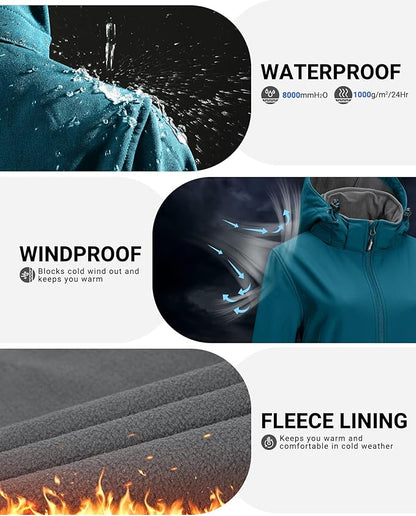 Outdoor Ventures Women's Softshell Jacket with Removable Hood Fleece Lined Windbreaker Insulated Long Warm Rain Jacket