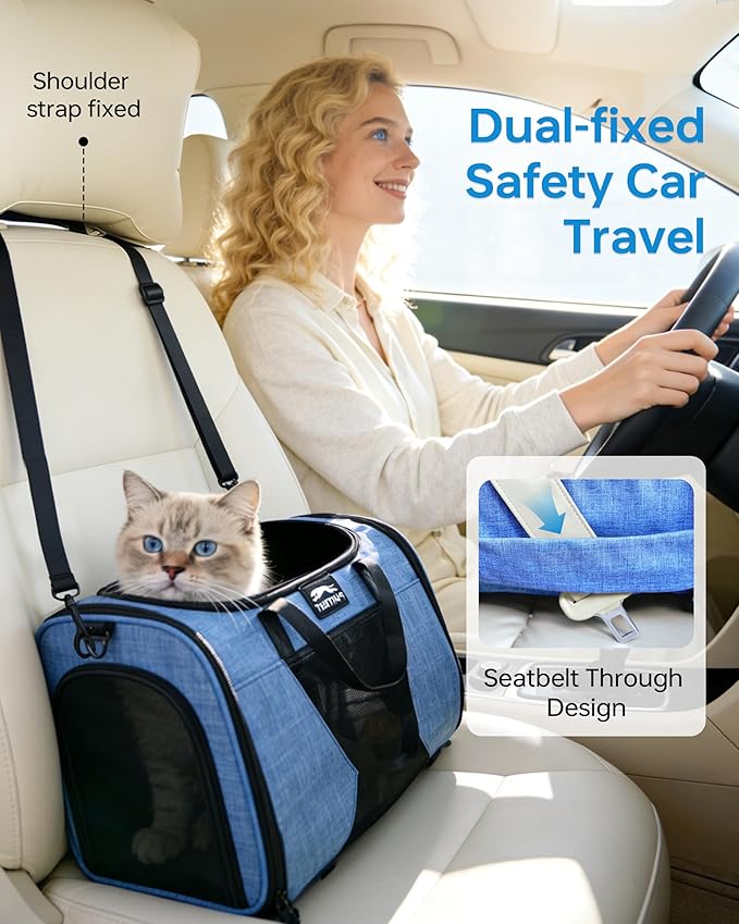 Pet Carrier with Removable Wheels American Airline Approved, Rolling Cat Carrier with Telescopic Handle and Shoulder Strap, Breathable Soft-Sided Carrier with Locking Zipper for Small Cats Dogs(Blue)