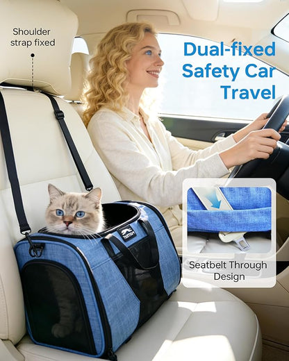 Pet Carrier with Removable Wheels American Airline Approved, Rolling Cat Carrier with Telescopic Handle and Shoulder Strap, Breathable Soft-Sided Carrier with Locking Zipper for Small Cats Dogs(Blue)
