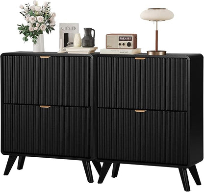 RARZOE Set of 2 Fluted Shoe Storage Cabinets for Entryway, Narrow Curved Shoe Cabinet with 2 Flip Drawers, Freestanding Wood Hidden Shoe Organizer Closed Shoe Rack Cabinet for Foyer,Hallway (Black)