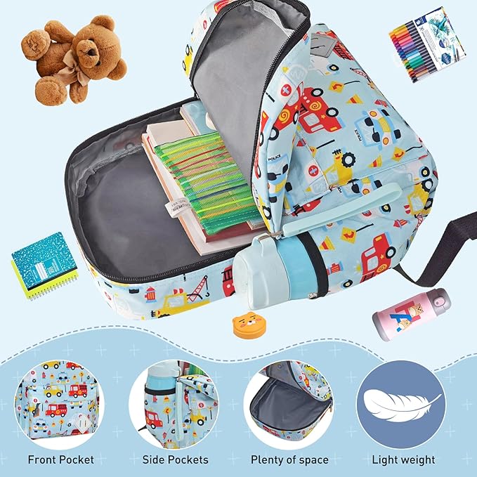 Kids Backpack for Girls Boys - 15 Inch Cute Cars Little Kids Backpack Waterresistant Toddler Preschool Kindergarten School Bag for Aged 3-8, Light Blue