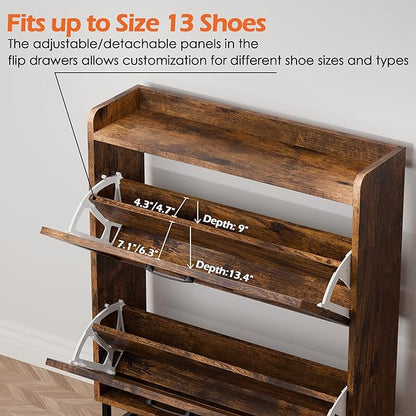 Betterhood Entryway Shoe Cabinet with 2 Flip Drawers, Slim Shoe Rack Cabinet, Freestanding Hidden Shoe Organizer Cabinet with Metal Legs, Shoe Cabniet for Entryway with Storage, Hallway, Foyer, Brown