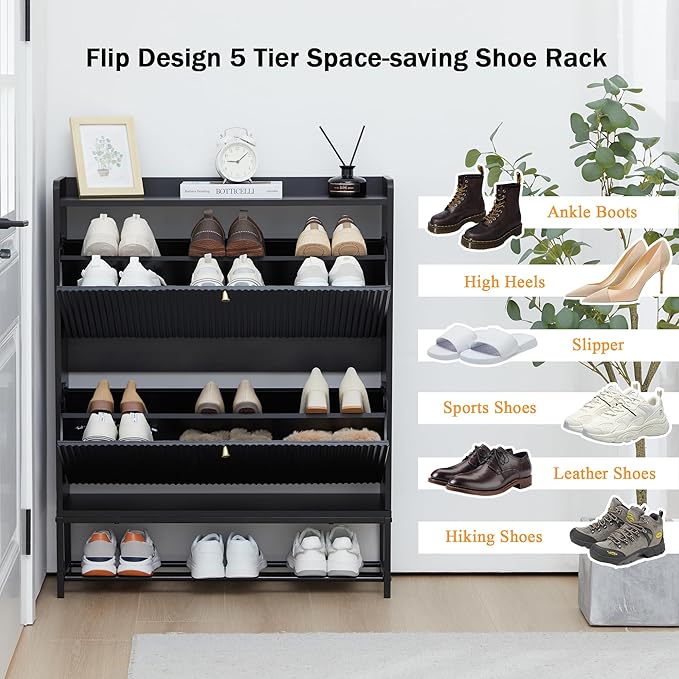 RARZOE Fluted Shoe Cabinet for Entryway with 2 Flip Drawers, Narrow Wood Shoe Cabinet with Fluted Panel, Slim Hidden Shoe Organizer Closed Shoe Rack with Metal Legs for Foyer,Hallway(31.5''Black)