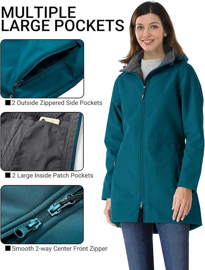 Outdoor Ventures Women's Softshell Jacket with Removable Hood Fleece Lined Windbreaker Insulated Long Warm Rain Jacket