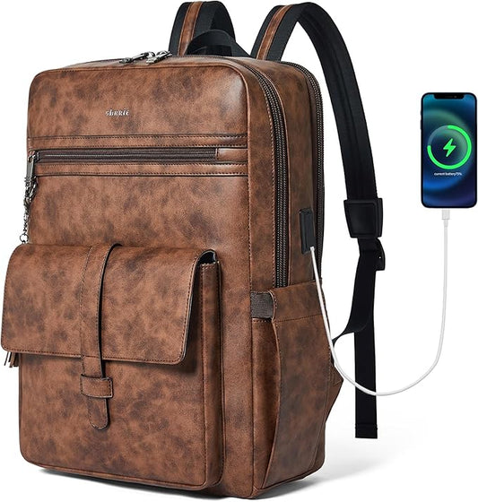 Shrrie 16 inch Vegan Leather Laptop Backpack with USB Charger,Smart Computer Backpack for Men and Women Business,Work,Office,College