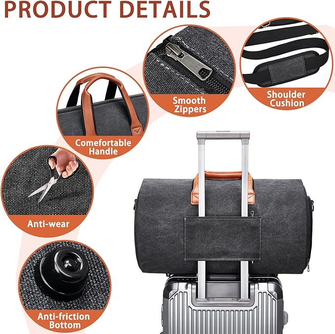 Convertible Garment Duffel Bag, Carry on Garment Bag for Travel Canvas Mens Suit Bag 2 in 1 Foldable Garment Bag with Shoulder Strap Weekender Bag with Shoe Pouch