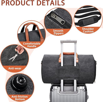 Convertible Garment Duffel Bag, Carry on Garment Bag for Travel Canvas Mens Suit Bag 2 in 1 Foldable Garment Bag with Shoulder Strap Weekender Bag with Shoe Pouch