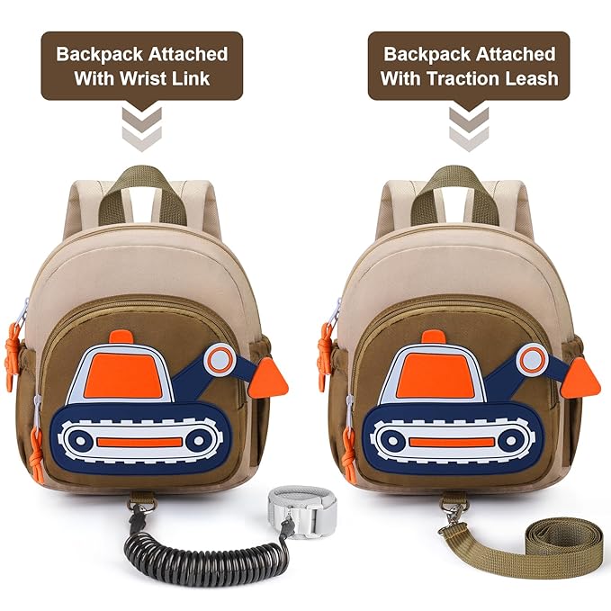 Accmor Toddler Leash Backpack, Cute Excavator Bag with Anti Lost Wrist Link, Children Safety Walking Harness Kids Travel Essential Mini Rucksack Back Pack with Strap Tether for Baby Boys