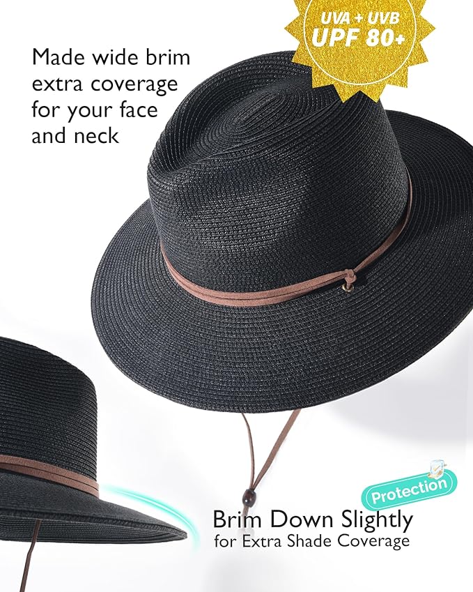 FURTALK Womens Summer Straw Sun Hats Wide Brim Panama Fedora Beach Hat with Wind Lanyard UPF 80+