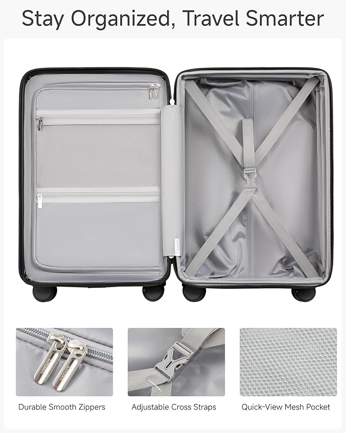 Carry On Luggage for Airplanes, KVC Polycarbonate Hard Shell Suitcase for Travelling (EX-Core, Charcoal Metallic, 21 Inch, 48L)