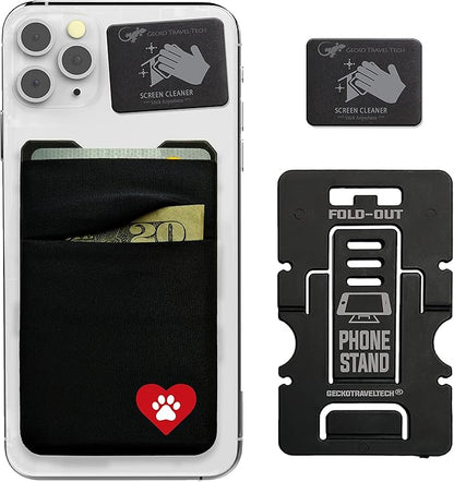 Gecko Travel Tech Double Pocket - Adhesive Card Holder - Cell Phone Pouch - Stick on Spandex Pocket - Carry Credit Cards and Cash - DOG HEART