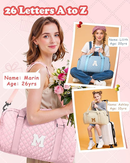 Initial Travel Duffle Bag Women Girls Gift: Personalized Weekender bags, Dance Cheer bag Sports for Girl, Kid Gymnastics Bags, Birthday Gifts for Women Girls Kids Teens Mom Teacher