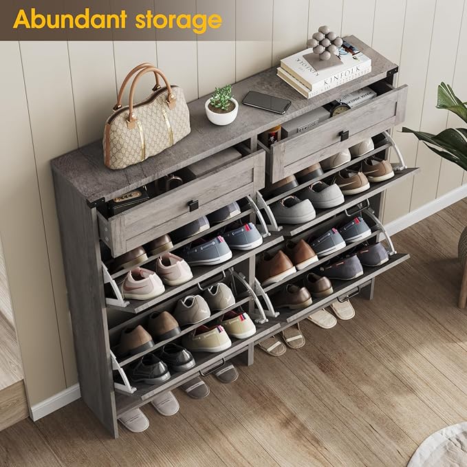 Shoe Cabinet with 4 Flip Drawers & 2 Drawers,Farmhouse Shoe Storage Cabinet for Entryway,Slim Freestanding Organizer Rack for Front Door Entrance,Grey