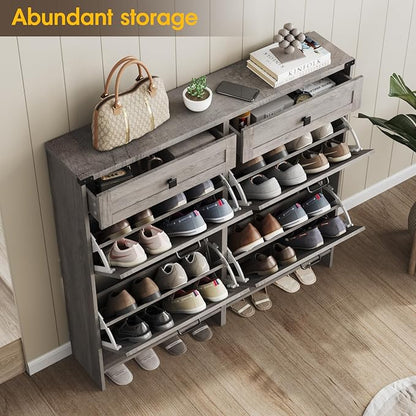 Shoe Cabinet with 4 Flip Drawers & 2 Drawers,Farmhouse Shoe Storage Cabinet for Entryway,Slim Freestanding Organizer Rack for Front Door Entrance,Grey