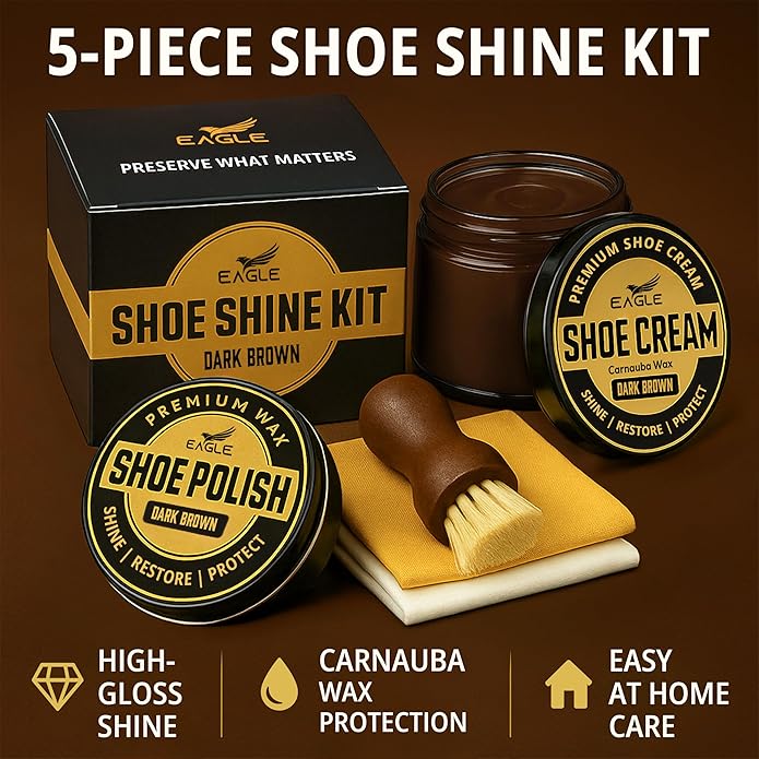Eagle Shoe Shine Kit – 5-Piece Leather Shoe Polish & Cream Set with Brush & Cloths