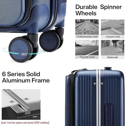 Hanke 20 Inch Carry On Luggage with Front Pocket Aluminum Frame, Hard Shell Suitcases with Wheels, Rolling Luggage, Suitcase with Lock, Travel Luggage for Weekender, Dark Blue