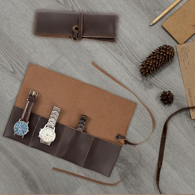 Leather Watch Roll Organizer with 4 Slots,Heavy Duty Waterpoof Watch Storage Box Pouch&Band Storage,Jewelry Roll,Easy Carry On Watchlover Storage,Handmade Ideal for Travel&Home Use,Watch Travel Case