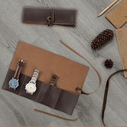 Leather Watch Roll Organizer with 4 Slots,Heavy Duty Waterpoof Watch Storage Box Pouch&Band Storage,Jewelry Roll,Easy Carry On Watchlover Storage,Handmade Ideal for Travel&Home Use,Watch Travel Case