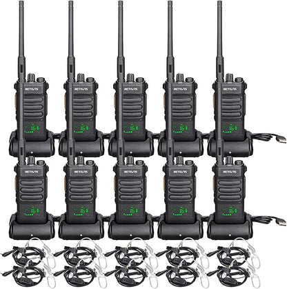 Retevis RT86 2 Way Radio Long Range with Earpiece, Professional Walkie Talkie High Power,Commercial Work Radio Bulk,Heavy Duty Two Way Radio Rechargeable, for Industry Construction Warehouse(10 Pack)