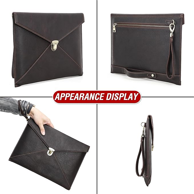 Top Grain Leather 14.2" Slim Laptop Bag Case, Envelope Style, Removable Wristlet & 3 Pockets, Fits MacBook Pro 14 Inch 2021 2022 M1 Pro/M1 Max A2442 & Other Laptop, Black Coffee 14.2 Inch