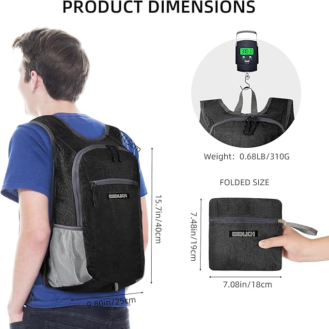 Small Hiking Backpack with Detachable Front Phone Holder, Foldable Packable Back pack with Chest and Waist Strap, Lightweight Daypack for Women Men (Black, 15L)