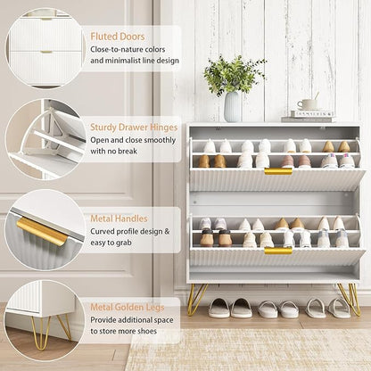 Shoe Storage Cabinet with 2 Flip Drawers, Fluted White Shoe Cabinet Storage for Entryway Slim, Narrow Shoe Organizer Cabinet, Modern Freestanding Shoe Rack for Entryway, White