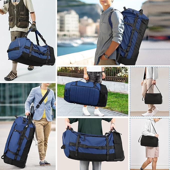 CONTAIL 86L Wheeled Duffel Bag, Soft Shell with Adjustable Web Handles, Carry On Size 29.5x14.2x12.6in, Foldable with Dual Wheels & Shoe Compartment,Navy