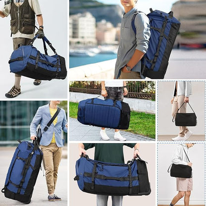 CONTAIL 86L Wheeled Duffel Bag, Soft Shell with Adjustable Web Handles, Carry On Size 29.5x14.2x12.6in, Foldable with Dual Wheels & Shoe Compartment,Navy