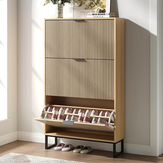 Shoe Cabinet with 3 Flip Drawers, Narrow Wood Shoe Cabinet Storage for Entryway, Freestanding Hidden Shoe Organizer Rack Cabinet for Hallway