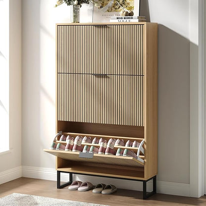 Shoe Cabinet with 3 Flip Drawers, Narrow Wood Shoe Cabinet Storage for Entryway, Freestanding Hidden Shoe Organizer Rack Cabinet for Hallway
