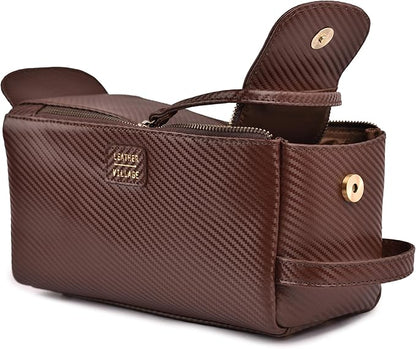 LEATHER VILLAGE Premium Carbon Fiber Genuine Leather Travel Toiletry Bag - Large Dopp Kit, Water-Resistance Bathroom & Shaving Organizer for Men & Women - Brown