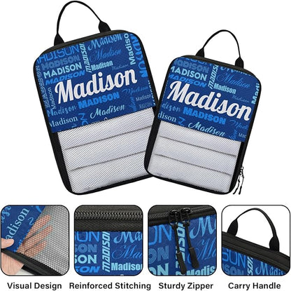 Personalized 6 Set Compression Packing Cubes for Travel Essentials with Name Customized Lightweight Carry on Expandable Luggage Organizer Bags for Women and Men, Blue