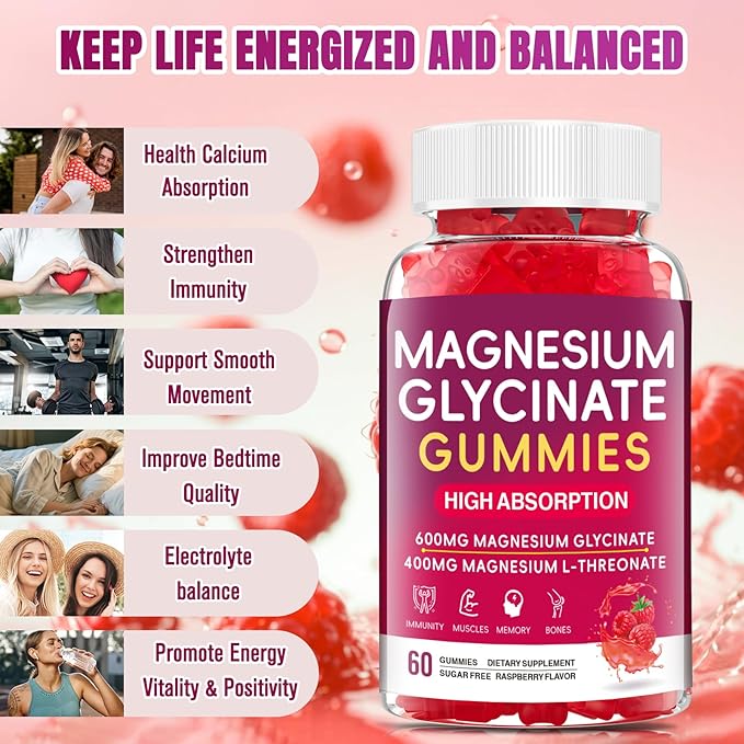 Magnesium Glycinate Gummies 600mg, High Absorption Magnesium Gummies with L-Threonate, Calcium, Vitamin B6, Sugar Free Chews for Adults & Kids Relaxation, Stress Relief Raspberry (60 Count)