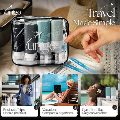 unigo 30pack Full Set TSA Approved Travel Bottles for toiletries, Travel Size Containers for Toiletries, Refillable Leakproof Shampoo and Conditioner Bottles, Toiletry Containers (Gray)