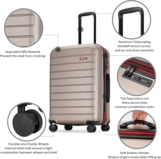 GinzaTravel ABS Luggage with TSA Locks,Large 28-Inch Expandable, and Friction-Resistant in Champagne Spinner Suitcases