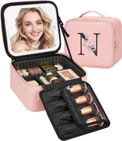 Relavel Initial Makeup Bag with LED Mirror for Women Girls, Personalized Travel Cosmetic Organizer Train Case, Birthday Gifts for Grandkids Bridesmaid Graduation Teacher Friends, Trendy Stuff, Pink N