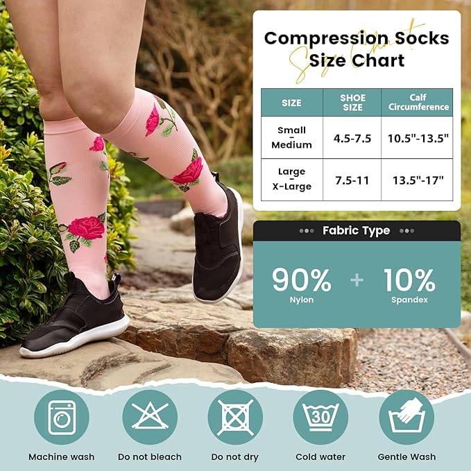 Floral Compression Socks for Women 20-30mmHg Knee High, Best for Ladies, Nurses, Pregnancy, Travel