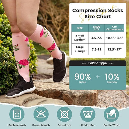 Floral Compression Socks for Women 20-30mmHg Knee High, Best for Ladies, Nurses, Pregnancy, Travel