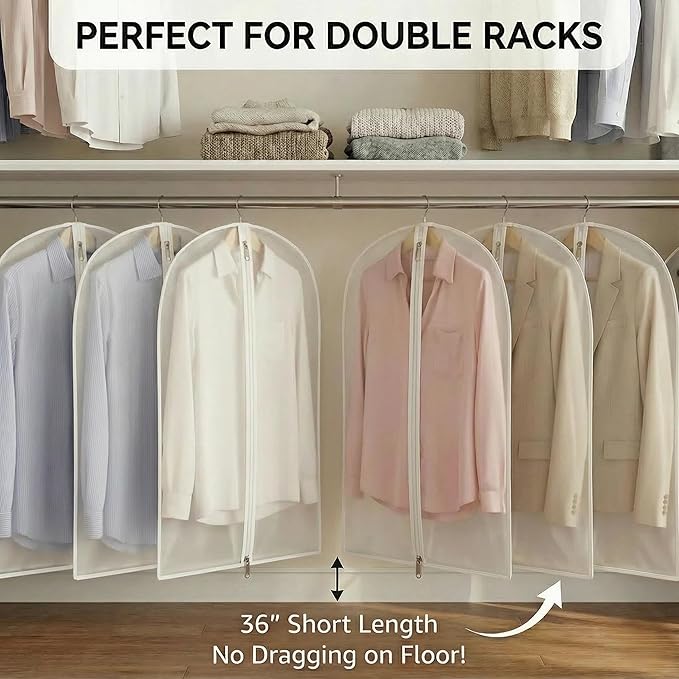 Clear Garment Bags For Hanging Clothes, 36" Women Suit Bags, Plastic Garment Bags for Closet Storage, Suit Cover Bags with Zipper for Short Coats, Jackets, Shirts 24"x36"/ 12 Pack