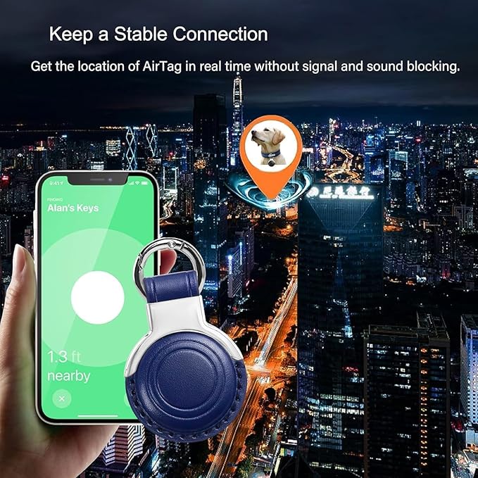 Genuine Leather for AirTag Holder Keychain for AirTag - Premium Handmade Protective Case Cover Accessories with Key Ring, Secure Hidden Design, All-in-One Package, Dark Blue