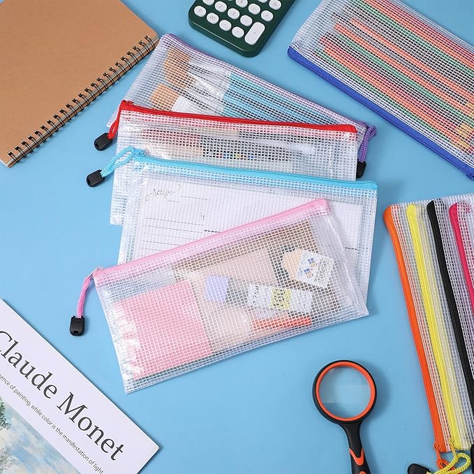 100 Pack Pencil Pouch Bulk Operation Christmas Mesh Zipper Storage Cases Gifts-A6 File Bag Clear Pencil Pouches Multipurpose Toiletry Cosmetics Bags for Office Bill Travel 9.5'' x 4.5''(10 Colors)