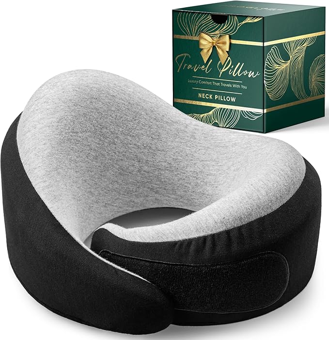 Proglobe Charcoal Black Memory Foam Travel Neck Pillow for Airplanes, Compact Plane Cushion for Long Flights with Soft Chin Support and Compression Bag, Comfortable Lightweight Air Travel Accessory